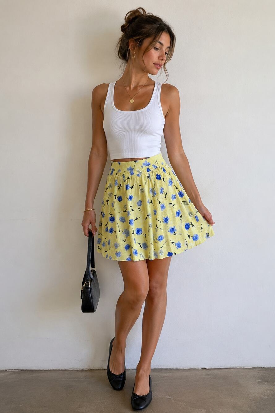 Vintage 90s CLIO Floral Crinkle Rayon Skater Skirt Yellow Blue Made in USA Sz S